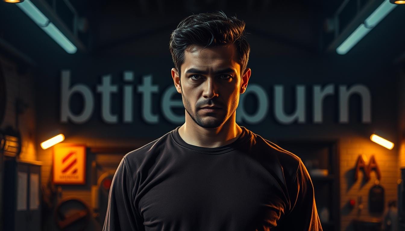 A head-on, medium shot of a man with a stern expression and dark hair, wearing a simple dark brown shirt. He is standing in a dimly lit industrial space with tools and equipment in the background. The glowing, stylized words "btite burn" are visible behind him on a sign.