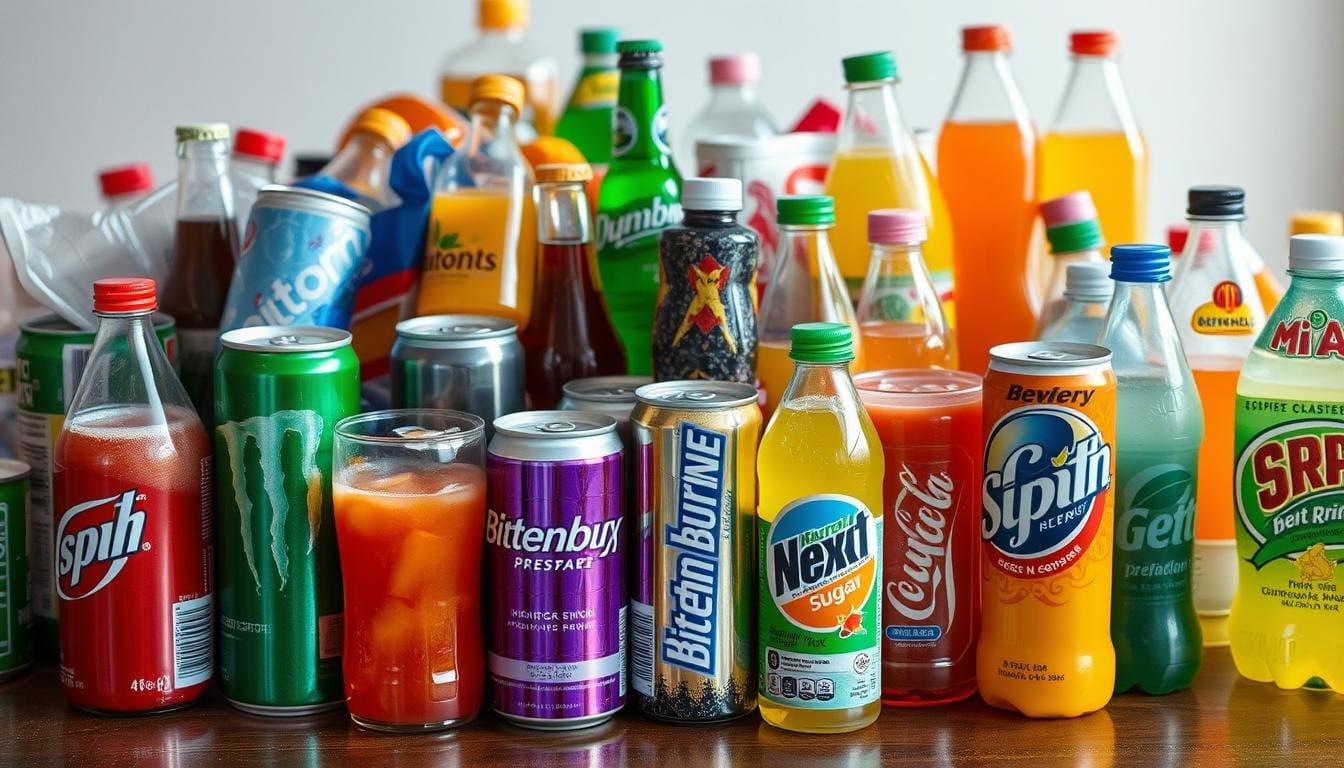 A variety of brightly colored soda bottles and cans are arranged on a table. The drinks are in different shapes and sizes, with labels in a range of colors, including red, orange, yellow, green, blue, and purple. The background is blurred, making the drinks the clear focus.