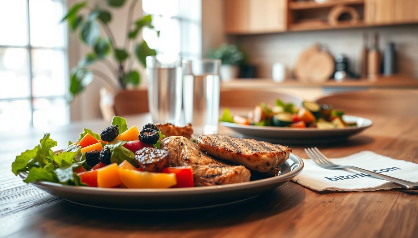Query successful A low-angle, eye-level shot shows two plates of food on a wooden dining table in a brightly lit kitchen. In the foreground, a plate holds two grilled chicken breasts, a side salad with leafy greens, and chopped vegetables like red and yellow bell peppers, along with blackberries.