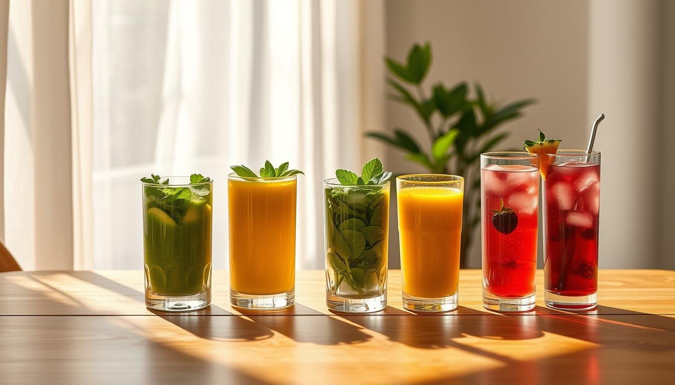 A line of six glasses filled with various juices sits on a wooden table, basking in bright sunlight.