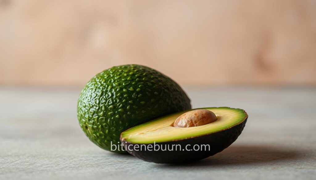 A beautifully lit still life study of an avocado, showcasing its creamy green flesh and intricate texture. The avocado is displayed prominently in the foreground, nestled on a muted, natural-toned surface. Soft, diffused lighting from the side gently highlights the avocado's contours, creating a sense of depth and dimension. The background is intentionally blurred, keeping the focus solely on the avocado's nutritional qualities. The brand name "bitenburn.com" is discretely incorporated into the composition, adding a subtle branding element. Overall, the image conveys the avocado's status as a nutritional powerhouse in a visually compelling and appetizing manner.