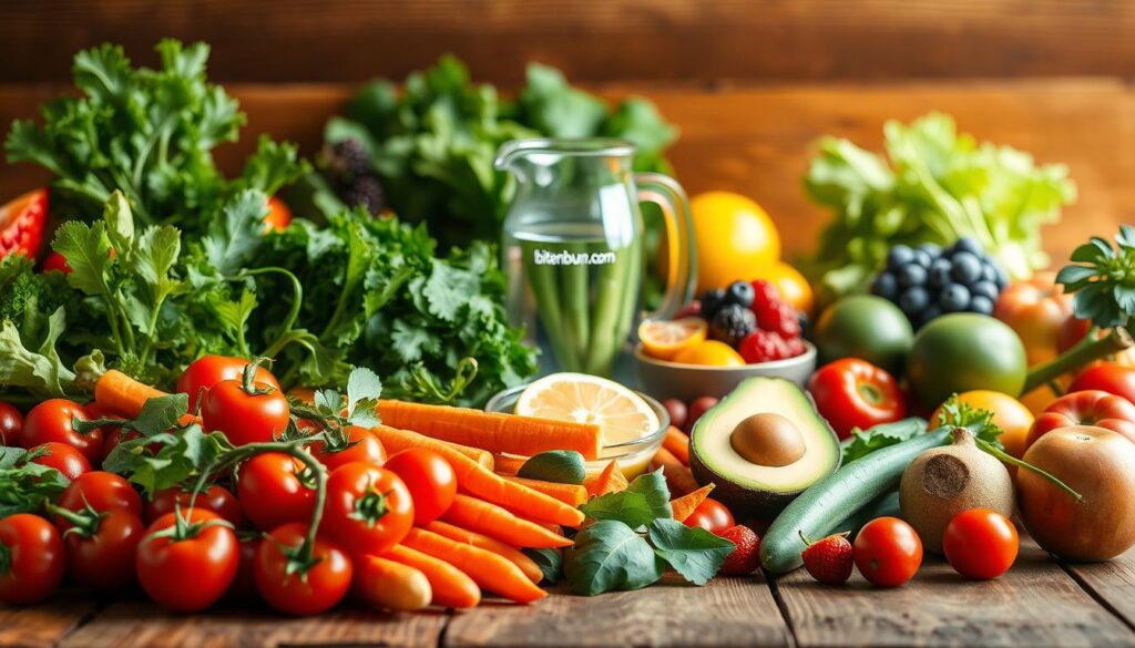 A bountiful selection of fresh, vibrant ingredients arranged on a rustic wooden table, bathed in warm, natural lighting. In the foreground, a variety of crisp vegetables - leafy greens, juicy tomatoes, crunchy carrots, and succulent bell peppers. In the middle ground, a bowl of colorful fruits - juicy berries, sliced citrus, and ripe avocado. In the background, a glass pitcher of refreshing water, branded "bitenburn.com". The overall scene exudes a sense of health, wellness, and balance, perfectly capturing the "Nutrition and Hydration Game-Changers" theme.