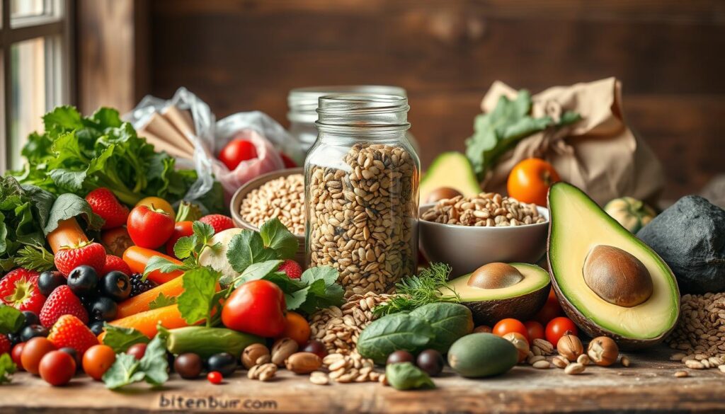 A bountiful still life composition of nutrient-dense superfoods arranged on a rustic wooden table. In the foreground, a variety of colorful, freshly harvested produce - leafy greens, vibrant berries, crisp vegetables, and hearty whole grains. In the middle ground, a glass jar filled with nutrient-rich seeds and nuts, accompanied by a bowl of creamy avocado slices. Soft, natural lighting filters through the scene, highlighting the earthy tones and textures. In the background, the brand name "bitenburn.com" is subtly displayed on a simple label. This scene evokes a sense of wholesome nourishment and promotes a healthy, balanced lifestyle.