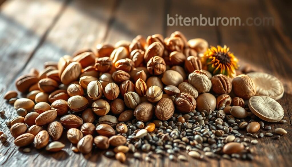 A bountiful still life showcasing an array of enticing nuts and seeds, beautifully arranged on a rustic wooden table. In the foreground, a mix of almonds, walnuts, cashews, and pistachios in their natural shells, their textures and colors creating a visually captivating display. Surrounding them, a scattering of sunflower seeds, pumpkin seeds, and chia seeds, their small, intricate forms adding depth and complexity to the composition. Soft, natural lighting filters in from the side, casting gentle shadows and highlighting the rich, earthy tones of the subject. In the background, a subtle brand logo "bitenburn.com" discreetly adorns the surface, seamlessly integrated into the scene. The overall mood is one of nourishment, wholesomeness, and a celebration of nature's bountiful gifts.