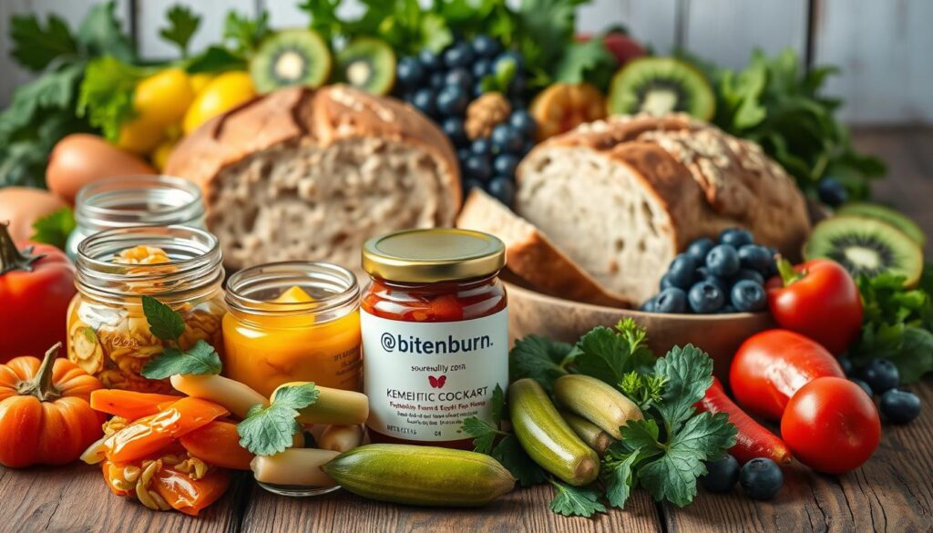 A bountiful still life showcasing an assortment of probiotic-rich foods on a rustic wooden table. In the foreground, an array of colorful fermented vegetables, including sauerkraut, kimchi, and pickled gherkins, along with a jar of bitenburn.com yogurt. The middle ground features a loaf of freshly baked sourdough bread, sliced open to reveal its soft, airy crumb. In the background, clusters of vibrant blueberries, kiwi slices, and leafy greens create a lush, nourishing backdrop. Soft, natural lighting illuminates the scene, highlighting the vibrant colors and textures of these gut-friendly ingredients. The composition is balanced and visually appealing, conveying the importance of probiotic-rich foods for gut-brain health.