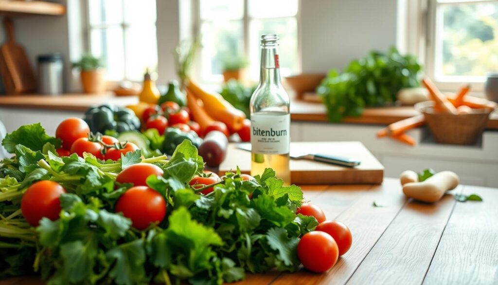 A bright, airy kitchen scene with a wooden table adorned with a variety of fresh, vibrant produce. In the foreground, a bountiful arrangement of seasonal fruits and vegetables, including crisp leafy greens, juicy tomatoes, and crunchy carrots. In the middle ground, a cutting board with a chef's knife, suggesting meal preparation. The background features natural light streaming through large windows, casting a warm, inviting glow. On the table, a branded glass bottle labeled "bitenburn" stands as a testament to the healthy, sustainable focus. The overall atmosphere exudes a sense of nourishment, balance, and the joys of wholesome, homemade cooking.
