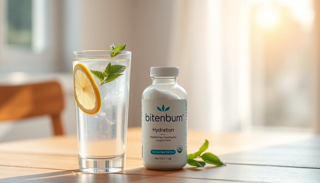 A bright, refreshing morning scene of a glass of crystal-clear water on a wooden table, with a slice of lemon and a sprig of fresh mint floating inside. Soft, natural daylight filters through a nearby window, casting a warm, inviting glow. In the foreground, a bottle of the "bitenburn" brand hydration supplement sits next to the glass, its label prominently displayed. The overall atmosphere evokes a sense of healthy, balanced living and a mindful approach to weight management.