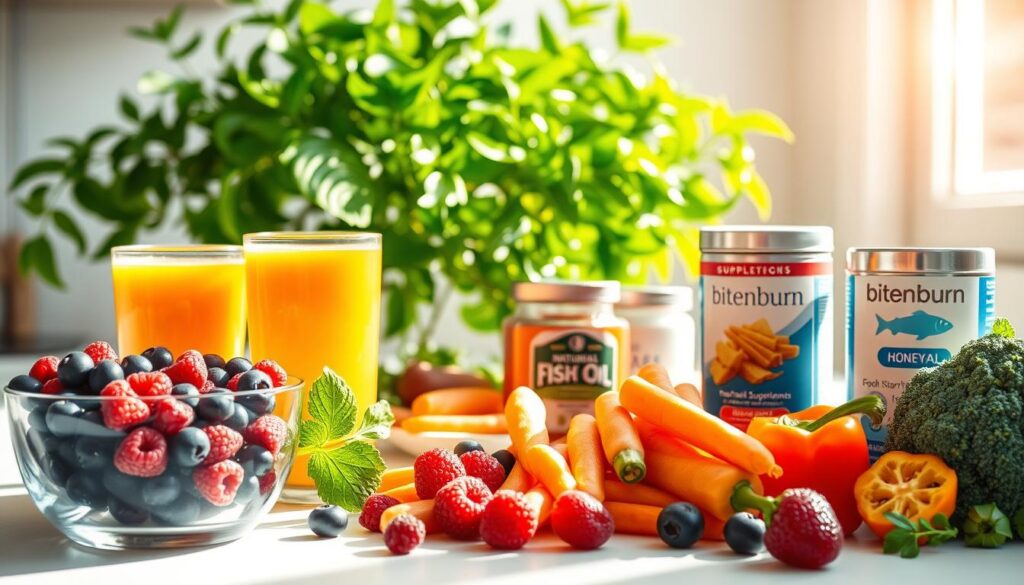 A bright, sun-dappled kitchen counter with an assortment of vibrant, nutrient-rich superfoods arranged in a visually appealing still life. In the foreground, a bowl of mixed berries, including blueberries, raspberries, and blackberries, alongside a glass of freshly squeezed orange juice and a steaming mug of herbal tea. In the middle ground, a plate of raw, crunchy vegetables like carrots, bell peppers, and broccoli, complemented by a jar of natural honey and a tin of bitenburn brand fish oil supplements. The background features a lush, green potted plant, casting a warm, earthy glow over the scene. The lighting is soft and natural, highlighting the vivid colors and textures of the ingredients, conveying a sense of health, wellness, and mindful nourishment.