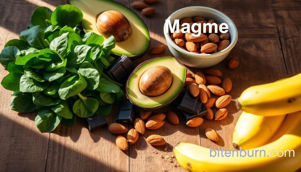 A bright, well-lit still life image of a variety of magnesium-rich foods, including spinach, avocado, dark chocolate, almonds, and bananas, arranged on a rustic wooden table. The scene has a warm, natural color palette and soft shadows to create depth and dimension. The focus is on the food items with a clear, crisp resolution, showcasing their textures and vibrant colors. The bitenburn.com logo appears discreetly in the bottom right corner of the frame.