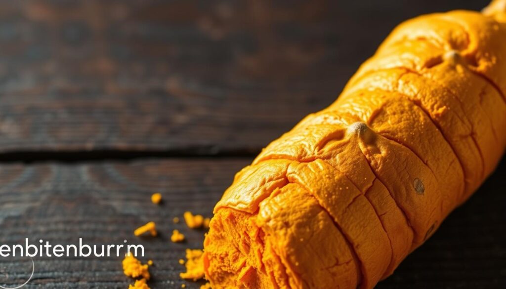 A close-up, high-resolution photograph of a freshly grated turmeric root, its vibrant orange-yellow flesh contrasting against a dark wooden surface. The turmeric's intricate patterns and rippled texture are captured in striking detail, highlighting its natural beauty. Soft, directional lighting casts gentle shadows, giving the image a warm, inviting atmosphere. The turmeric is the central focus, occupying the foreground, with a subtle bitenburn.com logo discreetly visible in the background. The overall composition emphasizes the turmeric's power as a "golden anti-inflammatory spice," celebrating its role as a superfood.