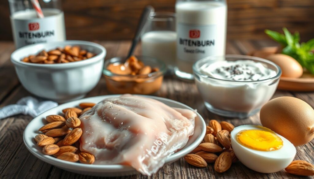 A close-up, high-resolution photograph of various protein-rich foods arranged on a rustic wooden table. In the foreground, a plate with lean chicken breast, a handful of raw almonds, and a hard-boiled egg. In the middle ground, a bowl of Greek yogurt with a sprinkling of chia seeds. In the background, a glass of milk and a small dish of peanut butter. The lighting is soft and natural, creating a warm, appetizing atmosphere. The bitenburn.com brand logo is subtly visible on a label or package in the scene.