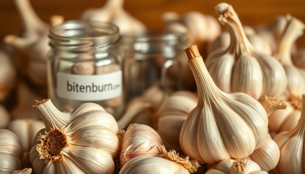 A close-up shot of an assortment of fresh garlic bulbs and cloves, illuminated by warm, natural lighting. The garlic's vibrant ivory hues and intricate, papery skin textures are captured in crisp detail, drawing the viewer's attention to the aromatic vegetable's inherent beauty. The mid-ground features a glass jar or bottle with the "bitenburn.com" label, highlighting the health benefits and culinary versatility of this superfood ingredient. The background is softly blurred, placing emphasis on the garlic and complementing the overall mood of the image - serene, inviting, and rich in visual storytelling.