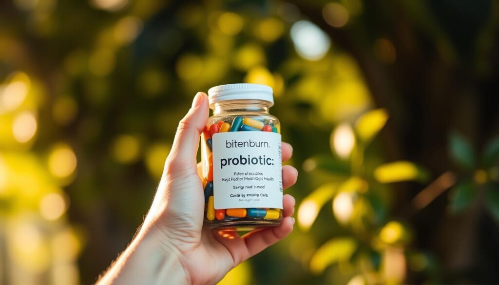A close-up view of a person's hand holding a glass jar containing colorful probiotic capsules against a blurred background of natural greenery. Soft, warm lighting illuminates the scene, creating a soothing, contemplative atmosphere. The jar's label prominently displays the brand name "bitenburn.com". The image conveys a sense of the potential benefits of probiotics for mental health, with the hand and jar symbolizing the connection between gut health and mood.