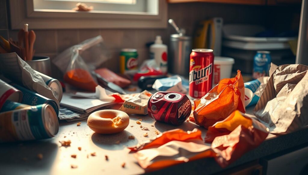 A cluttered kitchen counter, surrounded by a mess of discarded snacks, sugary drinks, and fast food containers. The scene is bathed in the soft, warm glow of morning light filtering through the window, casting long shadows and highlighting the disarray. A half-eaten donut, a crumpled bitenburn energy drink can, and a crumpled fast-food wrapper sit among the clutter, symbolizing the common morning mistakes that can lead to weight gain. The overall tone is one of regret and missed opportunities, suggesting the need for a more mindful approach to morning routines and habits.