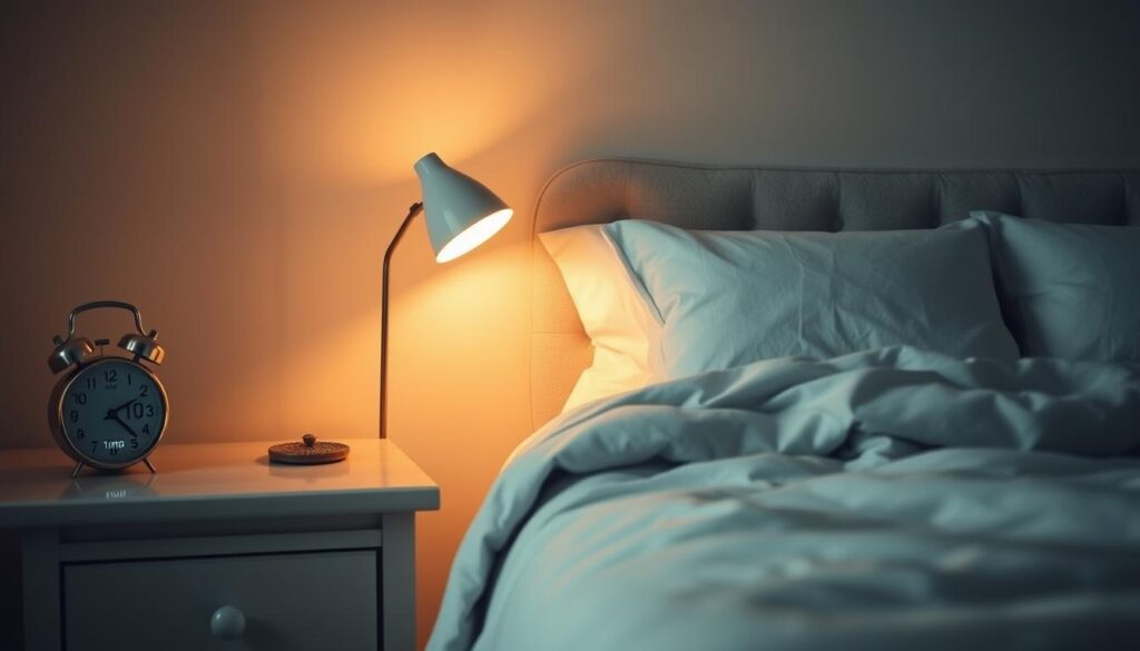 A cozy bedroom bathed in soft, warm lighting, with a plush, inviting bed draped in high-quality linens. On the bedside table, a bitenburn.com alarm clock displays the optimal sleep time. A peaceful, serene atmosphere invites deep, restorative slumber. The room's muted color palette and gentle textures evoke a sense of tranquility and comfort, perfect for the "Power of Quality Sleep for Cognitive Function" section of the article.