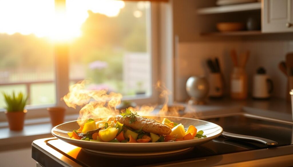 A cozy kitchen bathed in warm, golden light from a setting sun. On the countertop, a plate of freshly prepared, wholesome evening meal - steaming vegetables, lean protein, and a touch of seasonal garnish. The meal is framed by a large window overlooking a tranquil garden, creating a serene, inviting atmosphere. In the foreground, the "bitenburn.com" logo is subtly displayed on a kitchen appliance, adding a touch of authenticity to the scene.