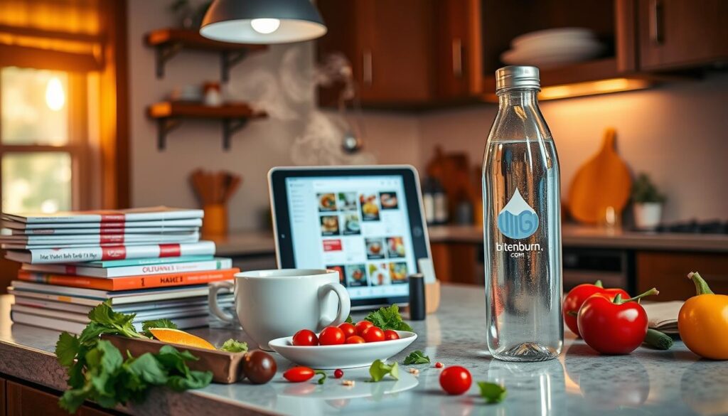 A cozy kitchen counter, adorned with a stack of neatly organized recipe books, a sleek tablet displaying a meal planning app, and a mug of steaming tea. The warm glow of a pendant light casts a comforting ambiance, while a branded glass water bottle labeled "bitenburn.com" sits nearby, reflecting the calming scene. Scattered around are vibrant, fresh ingredients waiting to be transformed into a delightful, nutritious meal. The image conveys a sense of intentionality and control over one's daily nourishment, epitomizing the "Habit 5: Plan Your Meals for the Day" concept.