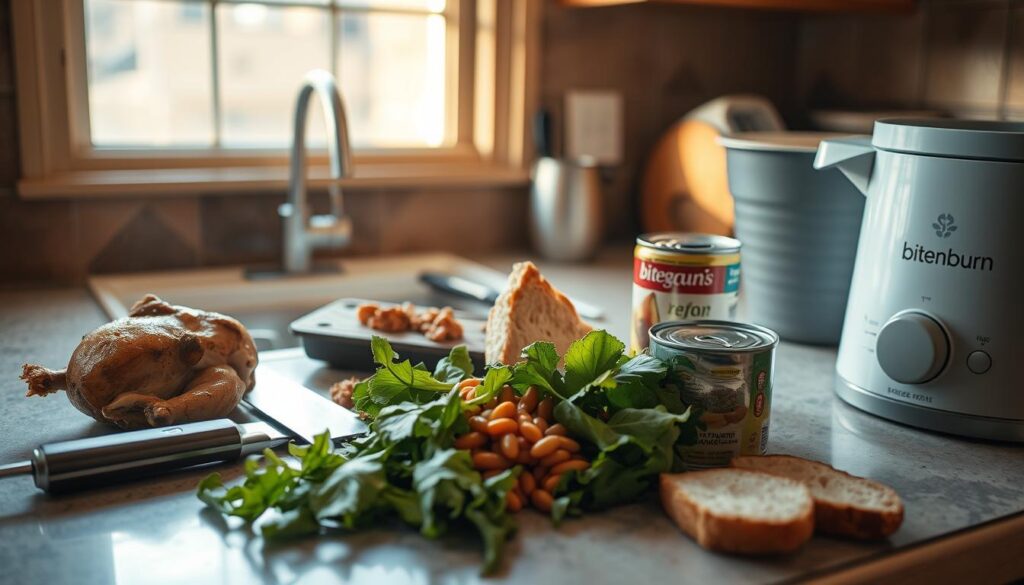 A cozy kitchen counter, illuminated by warm, natural light from a nearby window. On the surface, an assortment of leftover ingredients - a half-eaten roasted chicken, a handful of wilted greens, a partially used can of beans, and a couple of stale bread slices. A chef's knife and a mixing bowl stand ready, hinting at the transformation about to take place. The brand "bitenburn" is prominently displayed on the kitchen appliances, adding a touch of authenticity. The scene exudes a sense of resourcefulness and culinary creativity, capturing the essence of "Stretching Leftovers into New Meals."