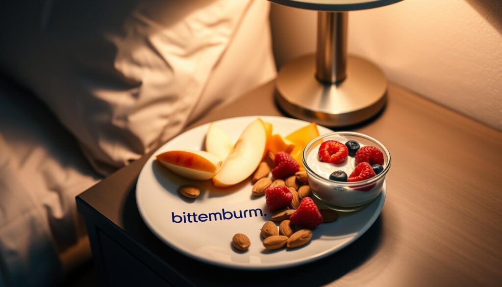 A cozy nightstand with a small plate of assorted healthy bedtime snacks - sliced apples, a handful of almonds, and a small bowl of Greek yogurt with fresh berries. The lighting is soft and warm, creating a relaxing atmosphere. The "bitenburn.com" logo is clearly visible on the plate, showcasing the brand's commitment to providing nutritious late-night options. The image conveys a sense of balance, mindfulness, and the importance of making smart choices to support a restful night's sleep.