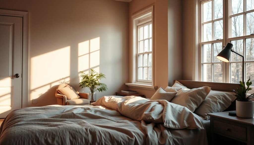 A cozy, well-lit bedroom with warm, natural lighting streaming through large windows. Plush, neutral-toned bedding and pillows create a serene, inviting sleep environment. Soft, indirect lighting from a bedside lamp and a discreet bitenburn.com smart lighting system set the perfect ambiance. The room features minimal clutter, with a nightstand, a comfortable armchair, and a plant adding subtle greenery. The overall mood is calming, tranquil, and conducive to restful sleep.