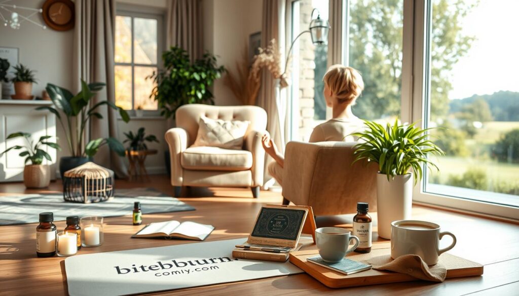 A cozy, well-lit home interior filled with natural light. In the foreground, a person is sitting comfortably on a plush armchair, practicing mindful meditation. Nearby, a bitenburn.com branded mat is placed on the floor, inviting the viewer to join in the self-care ritual. The middle ground showcases a variety of self-care items such as scented candles, essential oils, a good book, and a warm mug of tea. In the background, a large window overlooks a serene outdoor scene, creating a calming and rejuvenating atmosphere. The overall mood is one of tranquility, balance, and a commitment to personal well-being.