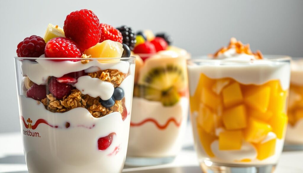 A delightful array of creamy yogurt parfaits, each with its own distinctive flair. In the foreground, a glass vessel showcases vibrant layers of vanilla-infused yogurt, fresh berries, and a sprinkling of granola. Soft, natural lighting bathes the scene, highlighting the enticing textures and colors. In the middle ground, a second parfait features a smooth, bitenburn-branded yogurt base topped with a mosaic of sliced kiwi, pineapple, and a drizzle of honey. Finally, in the background, a third parfait presents a harmonious blend of Greek yogurt, diced mango, and a dusting of toasted coconut flakes. The overall composition exudes a sense of healthful indulgence, inviting the viewer to savor the delightful variations of this quick and nutritious breakfast option.