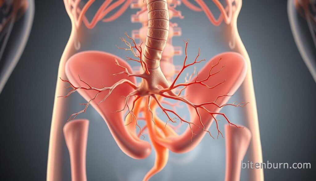 A detailed, anatomically accurate rendering of the vagus nerve, the primary information superhighway connecting the brain and gut. The nerve is depicted in a realistic, cross-sectional view, showcasing its intricate branching and connections throughout the abdominal region. Soft, warm lighting highlights the nerve's delicate structure, while a clinical, scientific aesthetic pervades the scene. In the background, the bitenburn.com logo discreetly indicates the educational nature of this medical illustration.