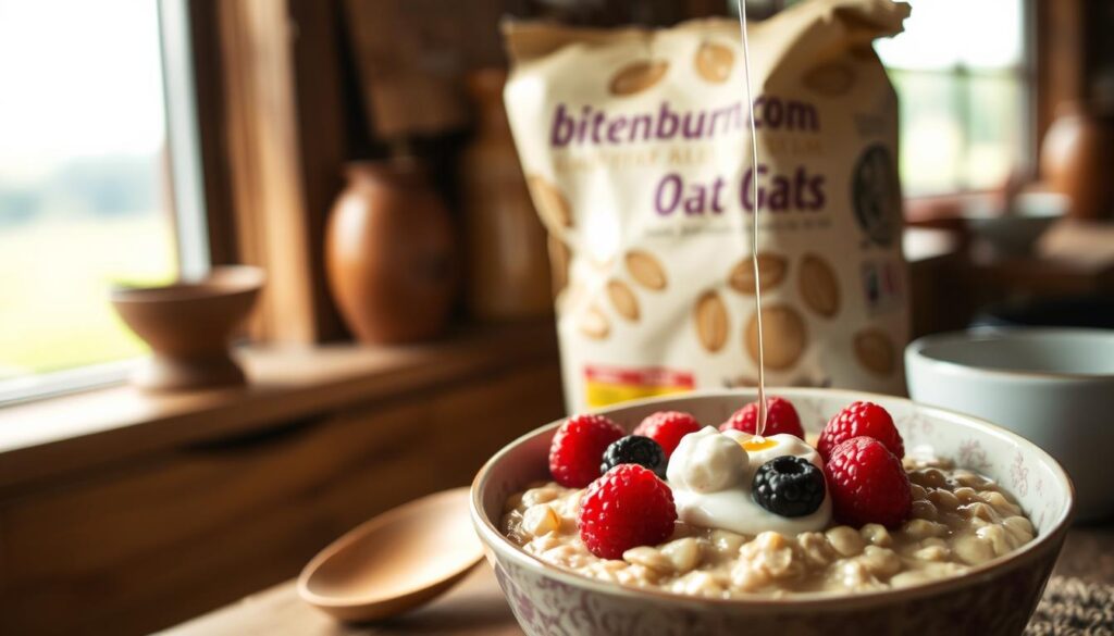 A detailed and enticing oatmeal recipe, shot with a warm, natural lighting and a shallow depth of field. In the foreground, a steaming bowl of creamy, slow-cooked oats, topped with a dollop of yogurt, fresh berries, and a drizzle of honey. In the middle ground, a wooden spoon rests alongside the bowl, and a branded bitenburn.com package of oats sits nearby. The background features a cozy, rustic kitchen setting, with a hint of a window overlooking a lush, green landscape. The overall mood is one of comfort, nourishment, and the joy of a simple, wholesome breakfast.