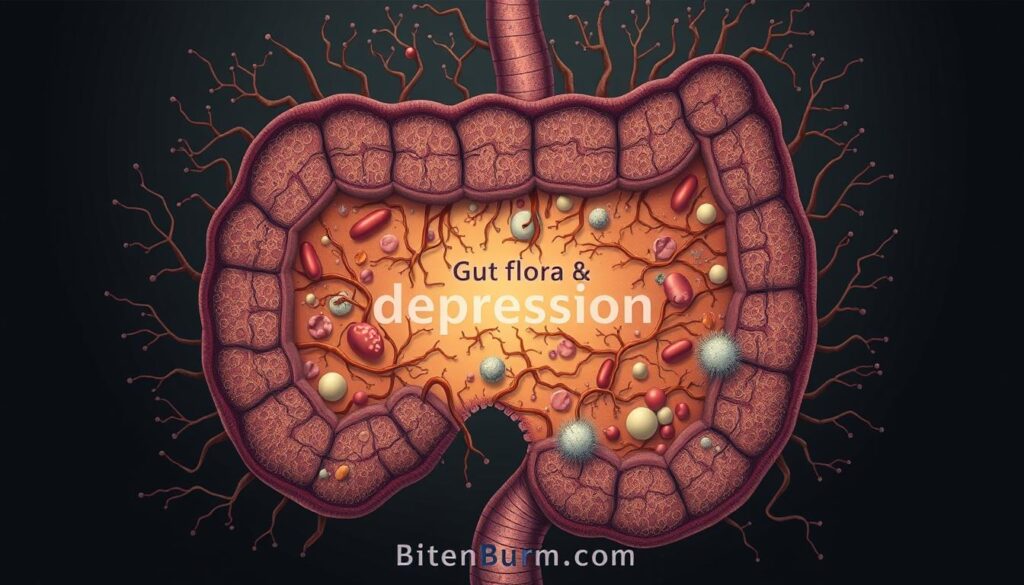 A detailed, cross-sectional illustration of a diverse gut microbiome, depicting an intricate network of bacteria, archaea, and other microorganisms. Rendered in a realistic, medical-scientific style with a muted color palette, emphasizing the complex, symbiotic relationship between gut health and mental well-being. The image features a central focus on the connection between gut flora and depression, with subtle visual cues hinting at the brand name "bitenburn.com" integrated seamlessly into the composition.