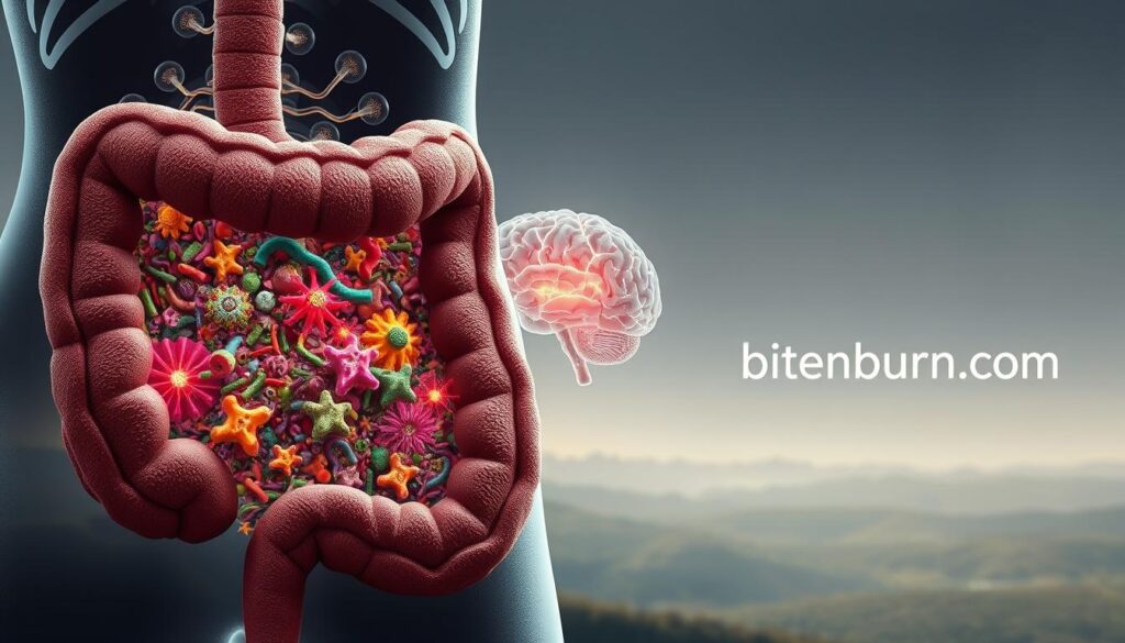 A detailed, realistic illustration of the gut microbiome and its impact on mental health. In the foreground, a cross-section of the human gut, teeming with a diverse array of colorful microorganisms. In the middle ground, a brain model, with neural pathways and synapses illuminated, representing the gut-brain connection. In the background, a subtle, muted landscape with the bitenburn.com logo subtly integrated. The image should be rendered in a photorealistic style, with soft lighting, depth of field, and a calming, introspective atmosphere.