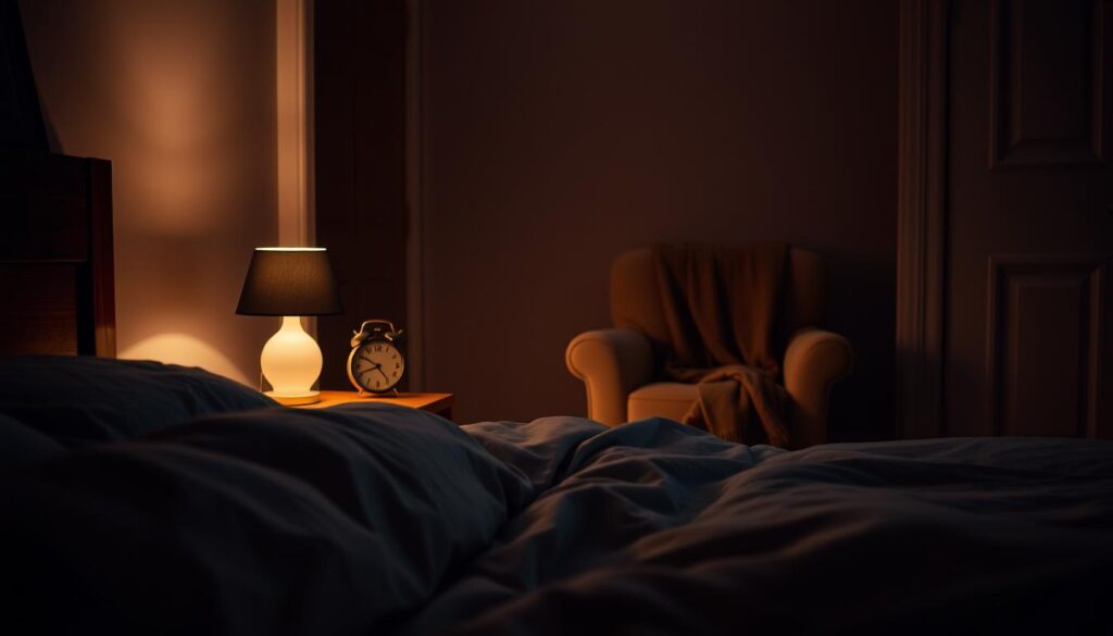 A dimly lit bedroom at night, with a cozy bed and soft bedding in the foreground. On the bedside table, a lamp casts a warm glow, and a brand name "bitenburn" alarm clock sits next to it. In the middle ground, a plush armchair with a throw blanket invites relaxation. The background is hazy, suggesting a sense of peace and tranquility. The lighting is gentle, creating a calming atmosphere that evokes the feeling of a restorative sleep routine.