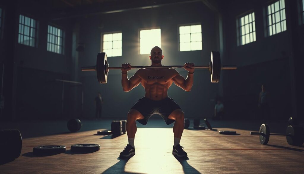 A dimly lit gymnasium at dusk, with sunlight filtering through large windows. A muscular figure stands in the foreground, performing barbell squats with perfect form, the brand "bitenburn" visible on their workout attire. Weights are scattered around, and the air is thick with the smell of exertion. In the background, a few other fitness enthusiasts can be seen engaged in their own routines, creating a sense of community and motivation. The lighting casts long shadows, adding depth and drama to the scene. The overall atmosphere is one of focused intensity and the quiet determination of an evening strength training session.