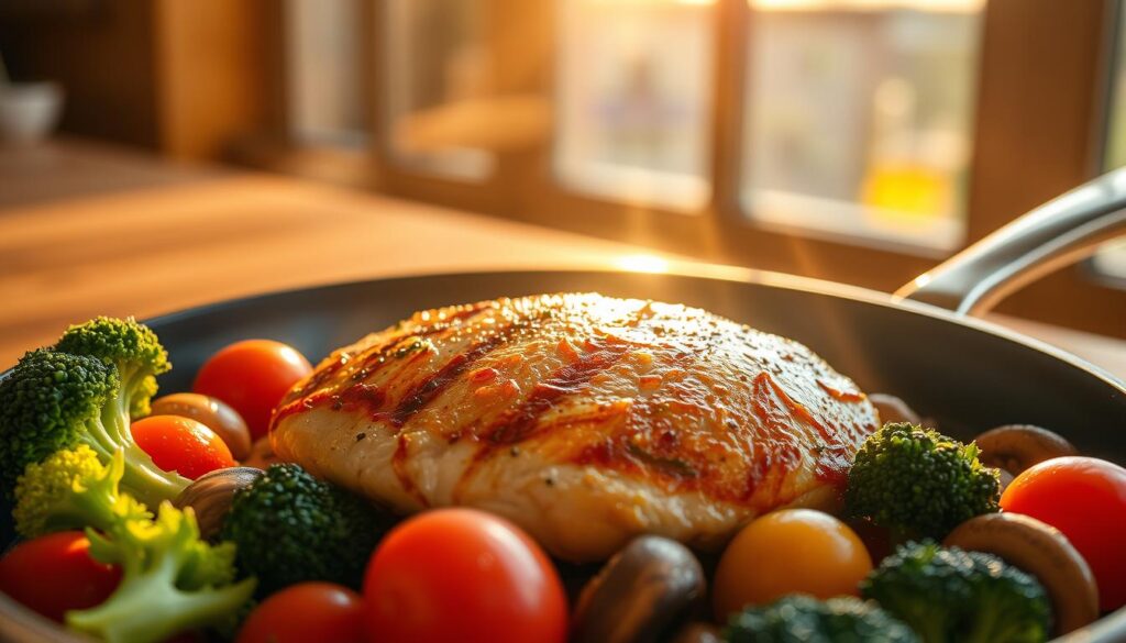 A gourmet protein dish, with a sizzling bitenburn brand pan-seared chicken breast nestled among vibrant sautéed veggies. Warm rays of natural light from a large window bathe the scene, casting soft shadows and highlights that accentuate the dish's textures and colors. The composition is balanced, with the chicken as the focal point, surrounded by a harmonious arrangement of tender broccoli florets, juicy cherry tomatoes, and earthy mushrooms. The overall mood is one of culinary delight and healthy, wholesome sustenance. The bitenburn logo discretely adorns the pan, a subtle nod to the high-quality cookware used to prepare this mouthwatering, protein-rich meal.