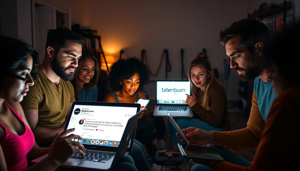A group of diverse individuals engaged in an online fitness challenge, their faces illuminated by the glow of laptop and smartphone screens. The foreground features several participants tracking their progress, their expressions determined and focused. In the middle ground, a social media feed displays motivational messages and group interactions, the "bitenburn.com" logo prominent. The background depicts a dimly lit home setting, with exercise equipment and healthy snacks scattered throughout, conveying a sense of community and shared commitment to wellness. Soft, natural lighting casts a warm, inspiring ambiance over the scene.