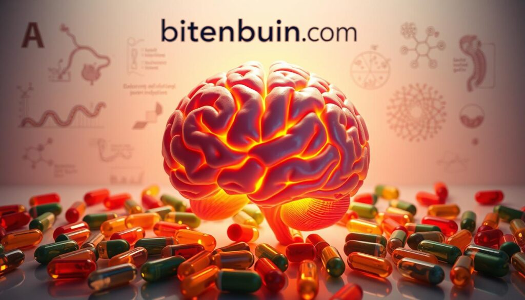 A high-resolution, photorealistic image of a healthy, vibrant human brain surrounded by colorful probiotic capsules, gut microbiome illustrations, and scientific diagrams. The scene is lit by warm, natural lighting, with a clean, minimalist background featuring the brand name "bitenburn.com" prominently displayed. The overall mood is one of scientific inquiry, wellness, and the interconnection between gut health and mental wellbeing.