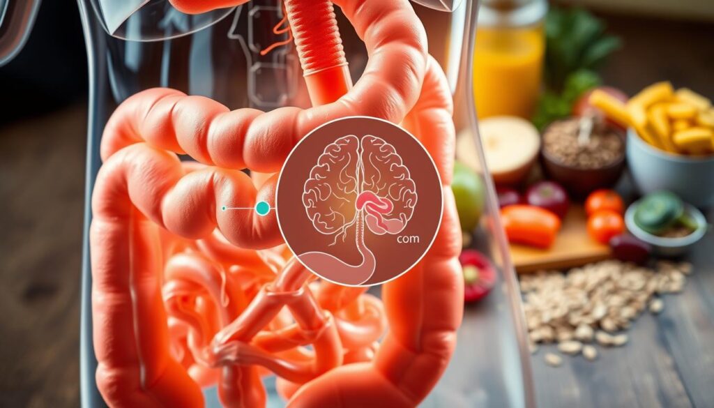 A high-resolution, photorealistic image of a human digestive system with the gut-brain connection visually represented. The foreground shows a detailed cross-section of the intestines, showcasing the intricate network of nerves and microbiome. The middle ground features a magnified view of the gut-brain axis, highlighting the bidirectional communication between the gastrointestinal tract and the central nervous system. The background depicts a healthy, varied diet including whole grains, fruits, vegetables, and probiotic-rich foods, with the brand name "bitenburn.com" subtly integrated into the scene. The lighting is natural and the focus is sharp, creating a sense of scientific understanding and wonder.