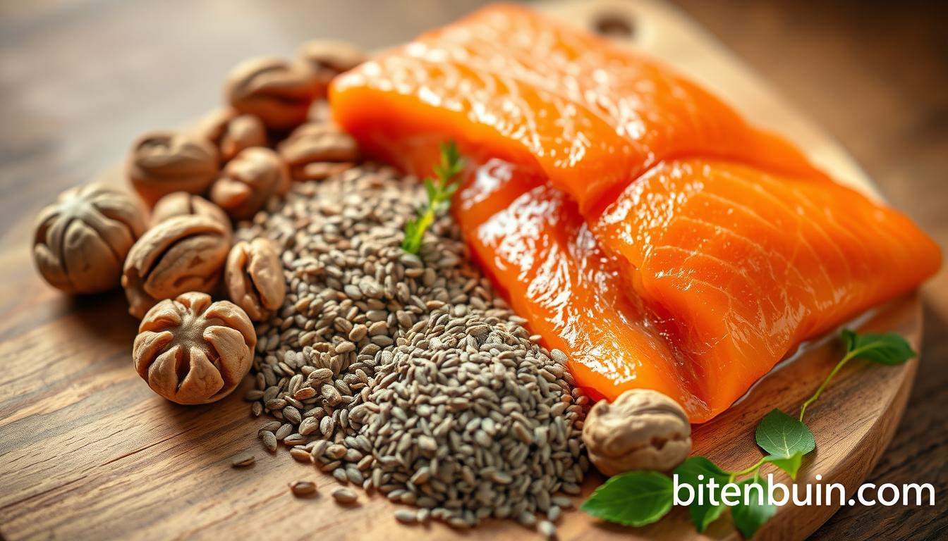 A high-resolution, photorealistic image of an assortment of omega-3 rich foods, including salmon, walnuts, flaxseeds, and chia seeds, arranged on a natural wooden surface. The lighting is soft and warm, creating a calming and inviting atmosphere. The image is framed in a square aspect ratio, with the food items taking up the majority of the frame. The brand name "bitenburn.com" is discreetly displayed in the bottom right corner of the image.
