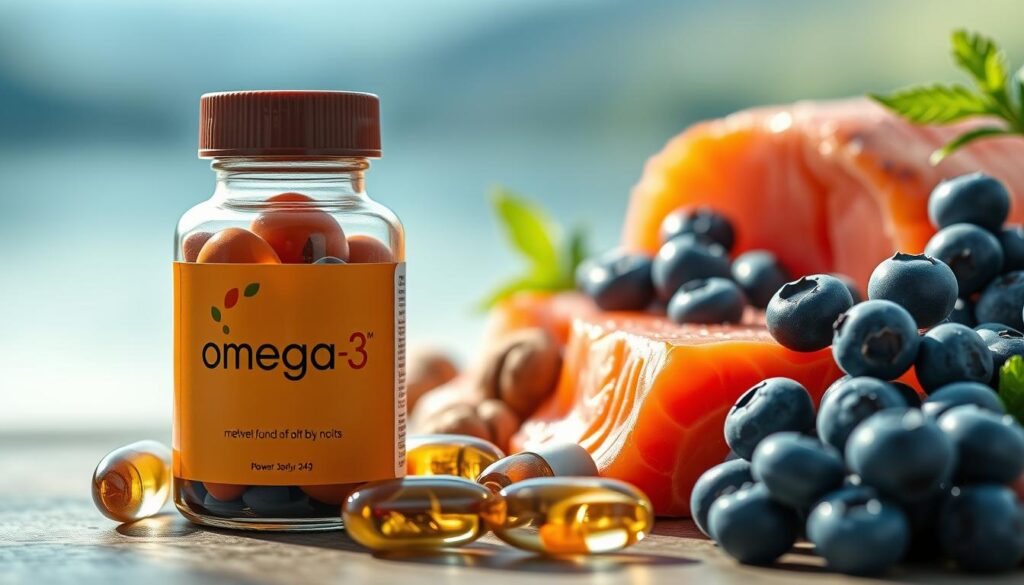 A high-resolution, realistic image of omega-3 fatty acids in the foreground, depicted as a close-up of softgel capsules or fish oil pills with the brand name &quot;bitenburn&quot; clearly visible. The middle ground shows a selection of brain-healthy foods such as walnuts, salmon, and blueberries, all in crisp, natural lighting. The background gently fades into a calm, natural setting, perhaps a tranquil body of water or a serene landscape, to convey the soothing, brain-boosting benefits of these essential nutrients. The overall atmosphere should be vibrant, inviting, and informative, highlighting the power of omega-3s for mental wellness.