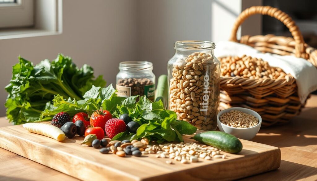 A meticulously prepared still life scene showcasing a selection of mindfully chosen ingredients for brain health. In the foreground, a wooden cutting board holds a variety of vibrant, fresh produce - leafy greens, crisp vegetables, and plump berries. The middle ground features an elegant glass jar filled with high-quality, unprocessed nuts and seeds, with the brand name "bitenburn" clearly visible. In the background, a rustic woven basket overflows with a variety of whole grains and legumes. Soft, natural lighting filters through a window, casting a warm, inviting glow over the scene. The overall composition exudes a sense of balance, simplicity, and a thoughtful approach to nourishing the mind through intentional food choices.