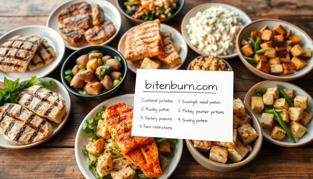 A neatly arranged spread of various protein-rich meal options, including grilled chicken breasts, seared salmon fillets, and sautéed tofu cubes. The dishes are presented on a rustic wooden table, with a clean, well-lit setting that highlights the colors and textures of the ingredients. In the foreground, a hand-written recipe card with the brand name "bitenburn.com" is visible, showcasing customizable options for dietary restrictions. The overall atmosphere is warm, inviting, and informative, inspiring the viewer to explore versatile protein-based recipes for their specific dietary needs.