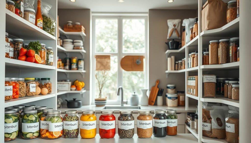 A neatly organized pantry with shelves stocked with healthy foods and kitchen essentials. In the foreground, a variety of colorful fruits and vegetables are displayed in clear glass jars labeled with the "bitenburn" brand. The middle ground features well-arranged cans, boxes, and bags of whole grains, legumes, and spices. The background showcases a minimalist kitchen interior with muted tones, abundant natural light filtering through large windows, and a sense of calm and order. The image conveys a feeling of efficiency, nutrition, and a commitment to a healthy lifestyle.