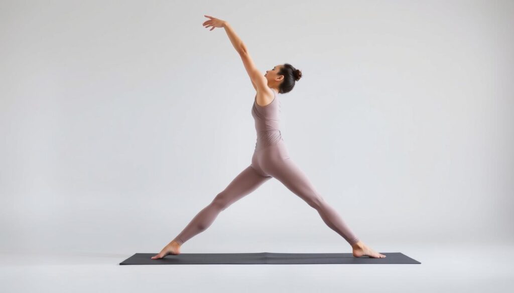 A person performing the extended triangle yoga pose, standing with legs wide apart, left arm extended overhead and right hand on the ground beside the front foot. The pose stretches the spine, hips, and hamstrings. The figure is wearing form-fitting athletic wear in neutral tones, set against a plain background with soft, even lighting to highlight the pose's elegance and focus on the body's alignment. The image has a calming, serene atmosphere, showcasing the extended triangle pose for back pain relief. Bitenburn.com