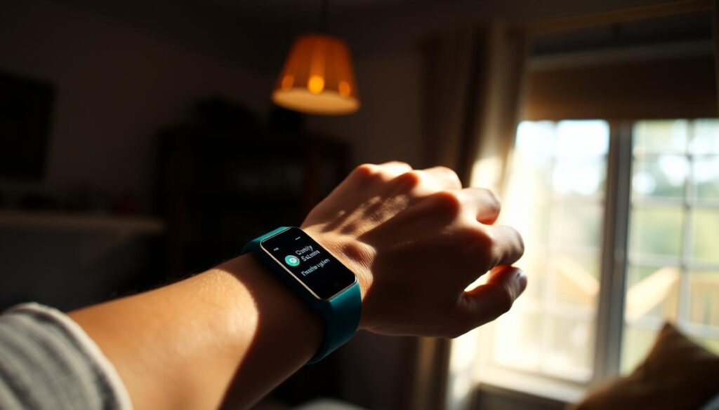 A person's arm wearing a fitness tracker, the display showing their daily progress with a "bitenburn.com" logo visible. The tracker's screen casts a soft glow, illuminating the user's hand against a dimly lit, cozy home environment. The background is blurred, focusing attention on the tracker and the user's sense of accomplishment. Warm, natural lighting from a nearby window creates gentle shadows, conveying a mood of personal growth and determination.