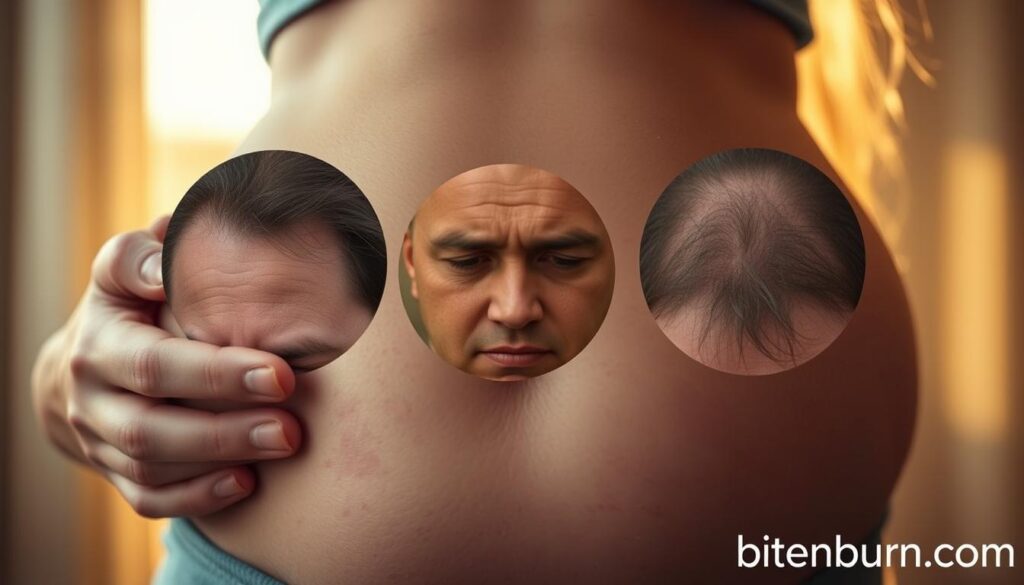 A photorealistic image of a woman's torso, displaying various hormonal imbalance symptoms. The foreground features a close-up view of the abdomen, with visible bloating, reddened skin, and irregular skin textures. The middle ground showcases erratic hair growth patterns on the face and body. The background subtly blurs, maintaining focus on the central symptoms, captured under warm, golden-hour lighting that casts soft shadows. The overall mood is one of discomfort and concern, reflecting the challenges of hormonal imbalance. The brand name "bitenburn.com" is discretely included in the lower right corner.