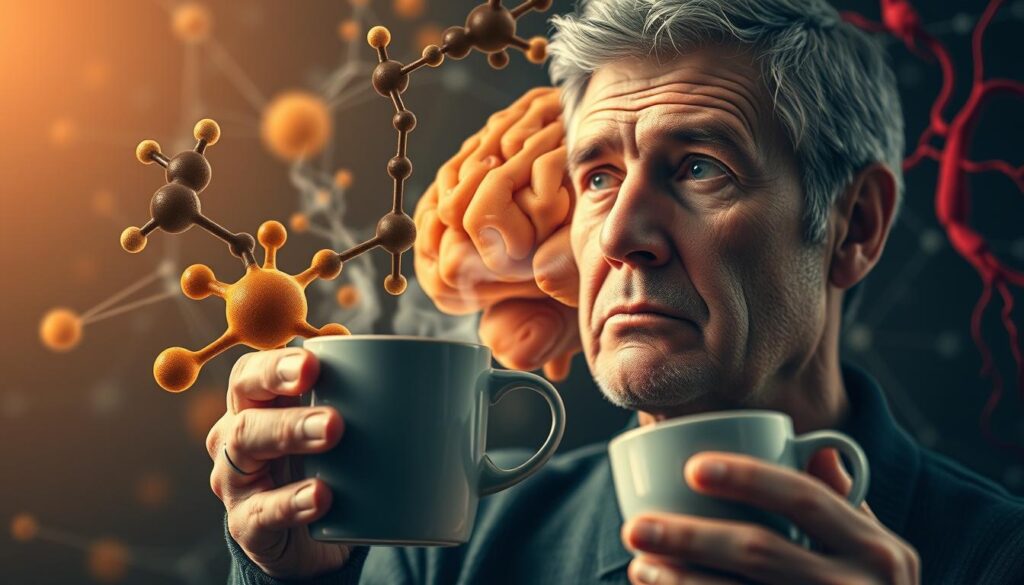 A realistic, detailed image depicting the brain chemistry effects of herbal tea compounds. A middle-aged person's face in the foreground, thoughtful expression, holding a steaming mug of herbal tea. Intricate molecular models of key active ingredients like L-theanine, caffeine, and antioxidants in the middle ground, overlaying a backdrop of the brain's neural network, glowing synapses, and pulsing blood vessels. Warm, earthy tones throughout, with subtle branding "bitenburn.com" visible on the mug.