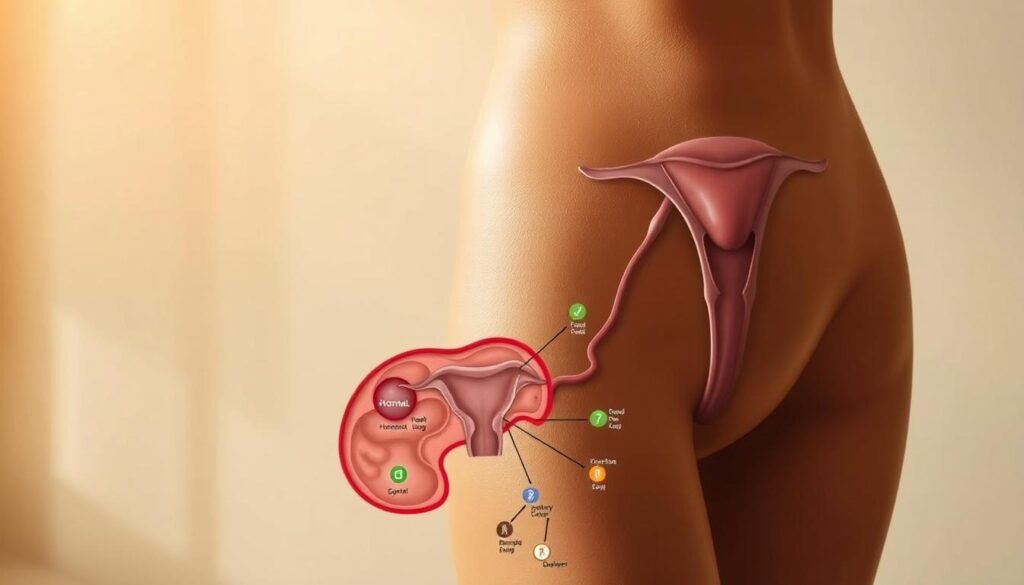 A realistic medical illustration depicting common hormonal conditions affecting women. In the foreground, a detailed cross-section of the female reproductive system, highlighting key hormonal glands and organs. The middle ground showcases various hormonal imbalances, visualized through informative iconography and balanced color palettes. In the background, a subtle bitenburn.com logo subtly complements the overall educational theme. Warm, natural lighting casts a calming, authoritative tone, inviting the viewer to engage with this comprehensive visual guide to hormonal wellness.