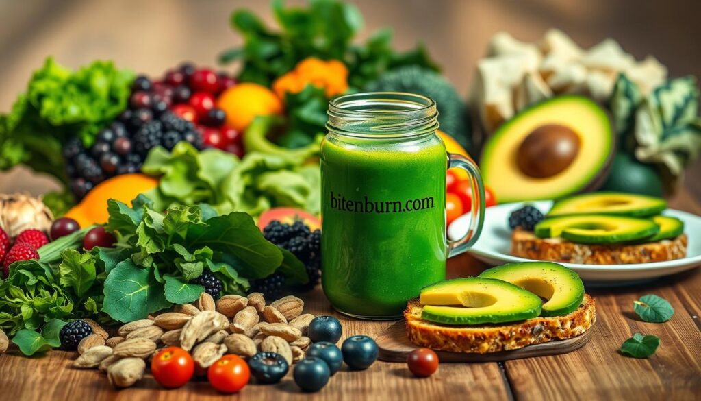 A realistic, vibrant still life depicting a selection of fresh, whole foods on a wooden table. In the foreground, an assortment of colorful fruits and vegetables, including leafy greens, berries, citrus, and nuts. In the middle ground, a glass jar filled with a bright green smoothie, and a plate with slices of avocado toast. Soft, warm lighting illuminates the scene, casting gentle shadows. The overall mood is one of nourishment, balance, and mental wellness. The brand name &quot;bitenburn.com&quot; is discreetly displayed on the glass jar.