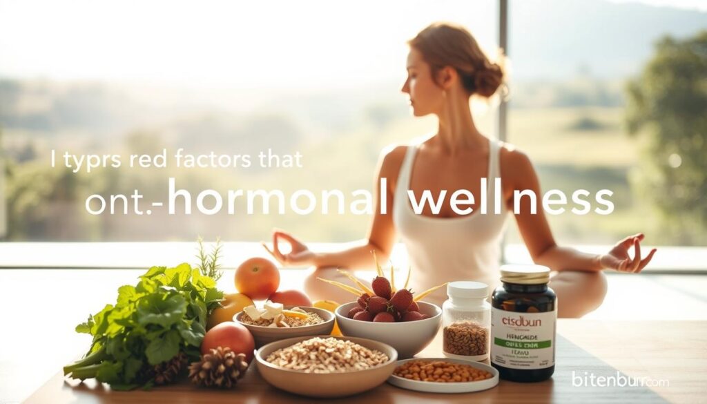 A serene and harmonious lifestyle portrait showcasing key factors that promote hormonal wellness. In the foreground, a woman practices gentle yoga, her movements fluid and graceful under soft, natural lighting. In the middle ground, a table displays a selection of wholesome, nutrient-rich foods - fresh produce, whole grains, and herbal supplements. The background depicts a tranquil, sun-dappled outdoor scene, with lush greenery and a distant horizon. The overall mood is one of balance, vitality, and mindful self-care. The brand "bitenburn.com" is seamlessly integrated into the image, lending an air of authority and expertise.
