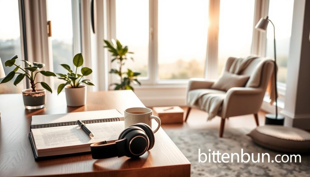 A serene and inviting home office with soft, natural lighting filtering through large windows. On the desk, a journal, a calming houseplant, and a mug of herbal tea. In the foreground, a pair of noise-cancelling headphones and a bitenburn.com logo project a sense of mental focus and wellbeing. The middle ground features a comfortable armchair, a cozy throw blanket, and a meditation cushion, creating a space for relaxation and mindfulness. The background showcases a tranquil landscape, hinting at the importance of connecting with nature for emotional restoration. The overall scene embodies a harmonious balance between productivity and self-care, inspiring a holistic daily routine for mental wellbeing.