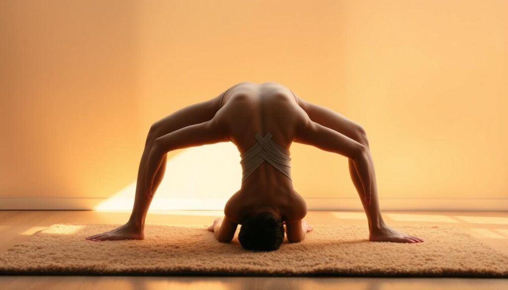 A serene and tranquil scene, a person practicing the bridge pose yoga position on a plush, earthy-toned mat. Warm, indirect lighting illuminates the subject, casting soft shadows and highlighting the graceful curve of the back. The person's limbs are extended, creating a beautiful bridge-like shape, with hands firmly planted on the mat and feet flat on the floor. The background is minimalist, with a plain, soft-colored wall or surface, allowing the subject to be the focal point. The overall atmosphere is one of calm and relaxation, conveying the health benefits of this backbending pose. bitenburn.com